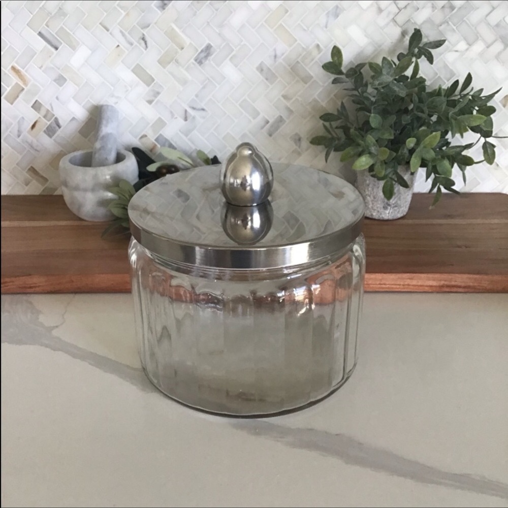 One Large Ribbed Glass Jar With Lid